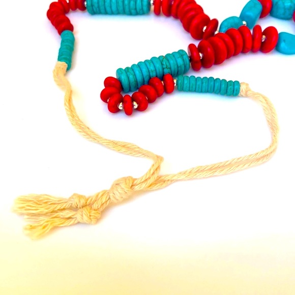 Boho Stabilized Turquoise And Coral Bead Twine Necklace - Picture 6 of 6